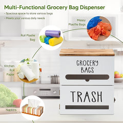 White/Black Two-Tier Wooden Trash Bag Storage Box Trash Bag Holder, Kitchen Plastic Wrap & Bag Organizer with Lid, Large Capacity Hanging Storage Container, Household Storage Accessories