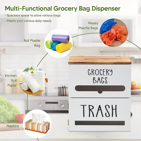 White/Black Two-Tier Wooden Trash Bag Storage Box Trash Bag Holder, Kitchen Plastic Wrap & Bag Organizer with Lid, Large Capacity Hanging Storage Container, Household Storage Accessories