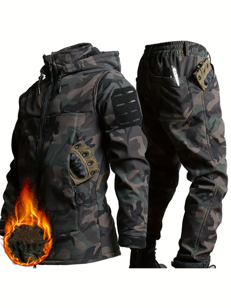 Men's Autumn and Winter Plush and Thick Fleece Suit Jacket, Long Pants, Warm Outdoor Wear Resistant Hiking, Multi Pocket Plush Suit Jacket Set, Detachable Hat Zipper Outdoor Jacket Set, Workwear Camouflage