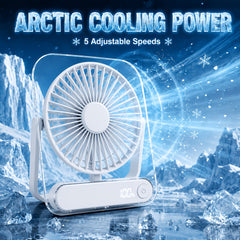 Mini Portable USB Fan Desktop Fan Rechargeable, Ultra-Quiet 5-Speed Adjustment Foldable 180 Degree Adjustable with LED Display for Office, Home, Outdoor, Camping And Travel