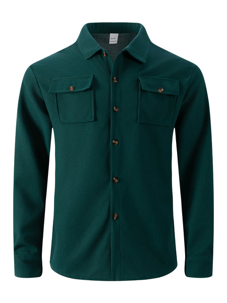 Men's Two-Piece Set, Autumn-Winter Casual Fashion Beach Dual Pocket Turn Collar Long Sleeve Shirt + Trousers Outfit for Fall/Winter Hawaiian Vacation