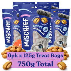 Pure Breed Mischief Cat Treats 6 Pack | Salmon Flavour Pillow Snacks for Cats | Crunchy Outside & Creamy Inside | Low Calorie Dual Texture Cat Bites (Only 2 kcal Each) | Natural Resealable Cat Treat Pouches