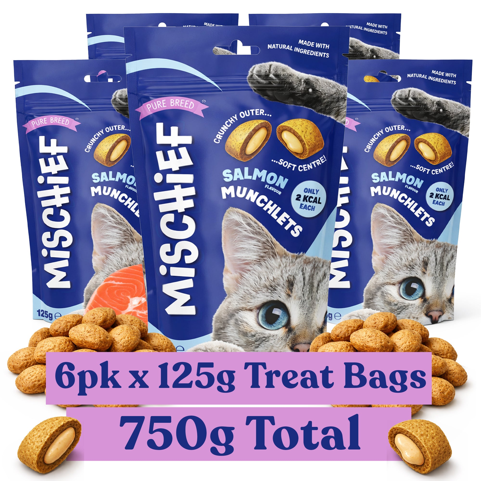 Pure Breed Mischief Cat Treats 6 Pack | Salmon Flavour Pillow Snacks for Cats | Crunchy Outside & Creamy Inside | Low Calorie Dual Texture Cat Bites (Only 2 kcal Each) | Natural Resealable Cat Treat Pouches