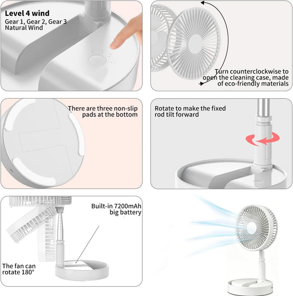 Portable Standing Fan, Foldable Telescopic Pedestal Fan with 7200Mah Battery, Rechargeable Floor Fan with 4 Speeds & 180° Tilt, Portable Fans Rechargeable for Bedroom, Home, Office and Travel (White)