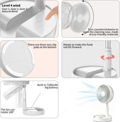 Portable Standing Fan, Foldable Telescopic Pedestal Fan with 7200Mah Battery, Rechargeable Floor Fan with 4 Speeds & 180° Tilt, Portable Fans Rechargeable for Bedroom, Home, Office and Travel (White)