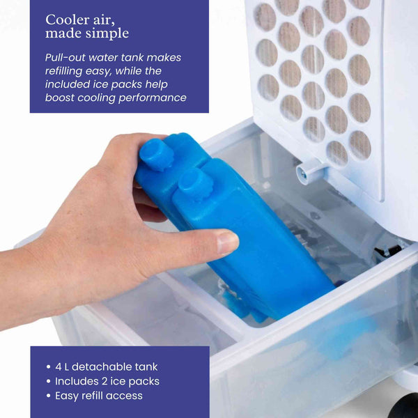 Portable Evaporative Air Cooler with Humidifier – 4L Tank, Remote Control, 2 Ice Packs, 3 Speeds, 7.5-Hour Timer, Auto Swing, Bedroom Room Cooler with Wheels