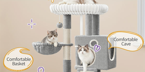 98cm Cat Tree, Cat Tower for Indoor Cats, Multi-Level Cats House Furniture with Scratching Post, 2 Caves, Large Platform, Scratching Ramp, Pompom, Light Grey