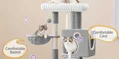 98cm Cat Tree, Cat Tower for Indoor Cats, Multi-Level Cats House Furniture with Scratching Post, 2 Caves, Large Platform, Scratching Ramp, Pompom, Light Grey