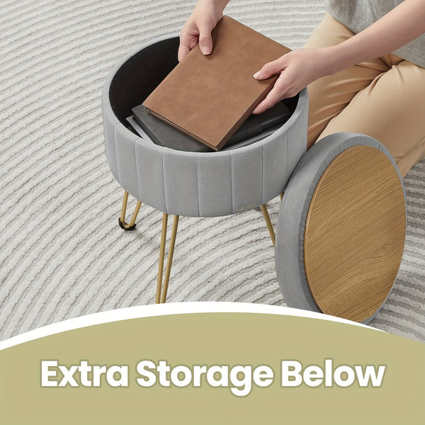 Storage Ottoman, Velvet Dressing Table Stool, 39 X 44.4 Cm (Dia. X H), Round Storage Stool Seat, 4 Metal Legs, For Dressing Room, Living Room, Bedroom
