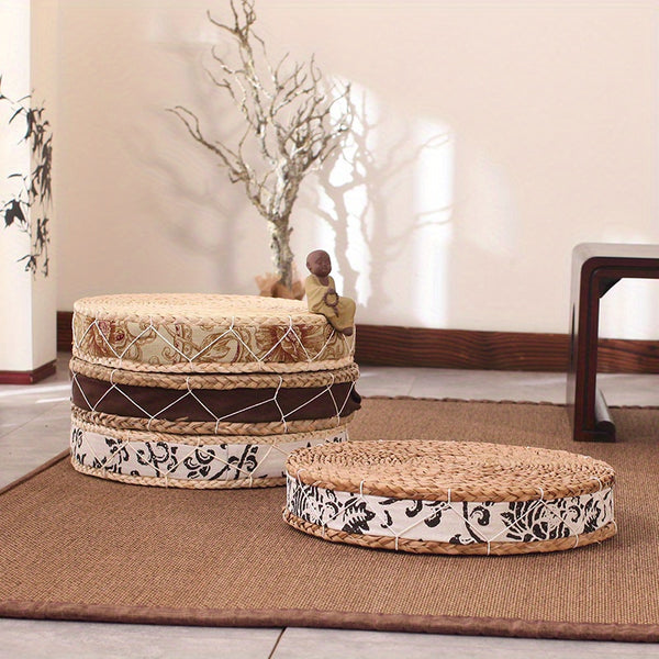 1pc Handwoven Straw Seat Cushion - Natural Corn Husk & Maize Fiber, Thick Padded Tatami Floor Mat, 40cm Round Braided Cushion for Yoga, Meditation, Floor Sitting (Rustic Style)
