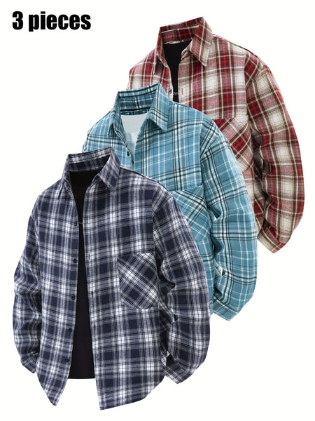 3pcs Set - Men'S Spring/Autumn Collared Checkered Shirt Youth Outdoor Casual Trendy Top Men'S Fashion Versatile Jacket