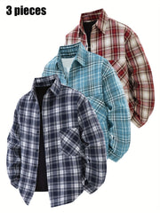 3pcs Set - Men'S Spring/Autumn Collared Checkered Shirt Youth Outdoor Casual Trendy Top Men'S Fashion Versatile Jacket