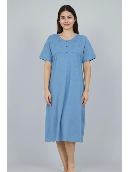 Women'S Nightdress Soft Comfortable Short Sleeve Nightie Button Front Embroidered Sleep Dress Loose Fit Midi Lounge Nightwear House Dress S-XXL
