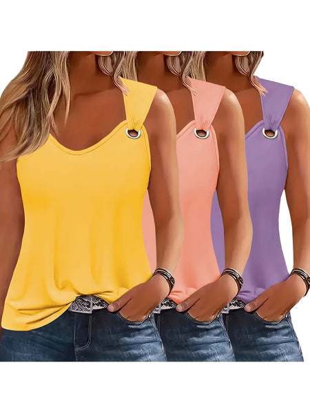 Three-Pack Women's Tank Tops Summer Sleeveless Loose Fit Eyelet Neck Solid Color Basic Shirts