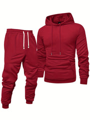8pcs Men'S Hooded Sweatshirt + Sweatpants Autumn And Spring Casual Sports Suit Solid Color Plain Pullover Regular Long Sleeve Hoodie And Drawstring Elastic Waist Ribbed Ankle Pants