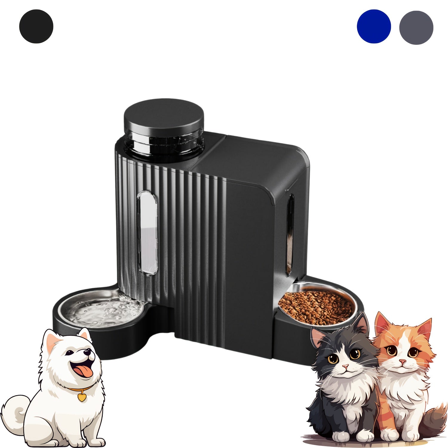 Dog And Cat Food Feeder And Water Dispenser, Two-In-One Set, 3L Large Capacity, Automatic Gravity Feeding, 304 Stainless Steel Bowl, Removable And Washable, for Small/Medium/Large Dogs And Cats, Black, Without Battery