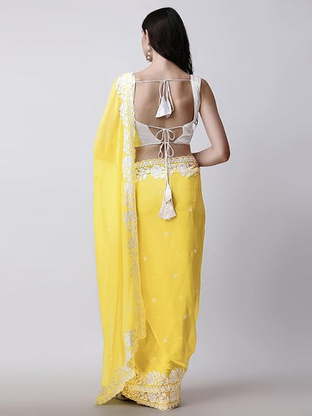 Estationeryhouse Women's Georgette Embroidery Border Work Designer Saree with Blouse Piece
