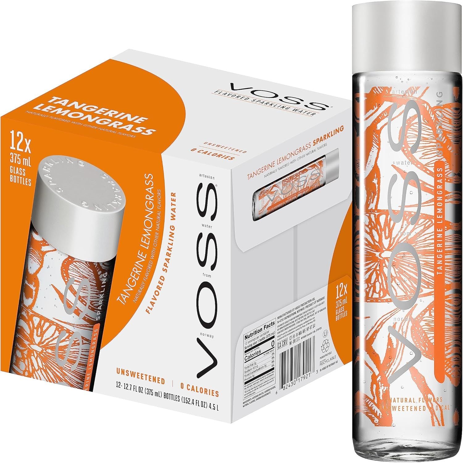 VOSS Tangerine Lemongrass Flavoured Sparkling Water, Pack of 6 x 375ml VOSS Original Glass Bottles, Zero Calories, No Sugar, Naturally Sourced