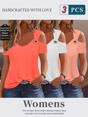 Three-Piece Summer Off-Shoulder Short-Sleeve T-Shirt, Casual Loose Eyelet V-Neck Solid Color Basic Off-Shoulder Short-Sleeve Top