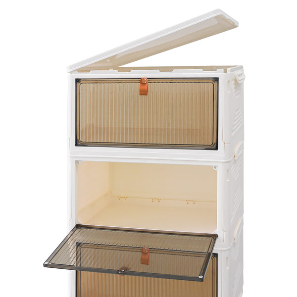 3 4 5 Tier Folding Storage Box, Plastic Collapsible Storage Box with Wheels, Stackable Storage Boxes with Lids and Front Opening Door Stackable Storage Boxes with Lids, 4 Wheels, Sturdy PP Matterial, Foldable Plastic Storage Unit for Toys/Office Supplies/