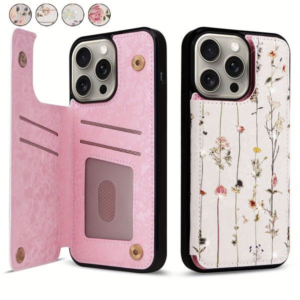 Phone Case - (2D)Phone Case - Wallet Case for Iphone 17 Promax/Pro/ Air, 16 Plus, 15, 14 Pro Max, 13, 12, 11And Galaxy.Featuring a Floral Design, a Back Flip Folio Made of Faux Leather, Designed for Women And Girls