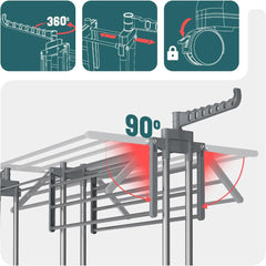 4 Tier Large Clothes Airer with Wings, Retractable Folding Drying Rack with Wheels for Indoor & Outdoor Use, 190 × 64 × 170 cm, Grey
