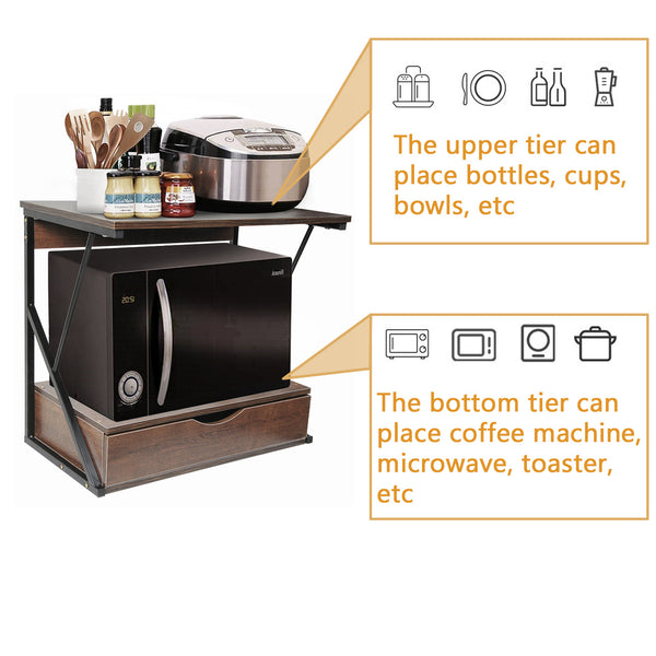 Microwave Oven Shelf Stand with Drawer, 2-Tier Kitchen Countertop Storage Rack Spices Rack Freestanding, Home Office Printer Stand Multifunctional Unit Shelving Wood Top Metal Frame