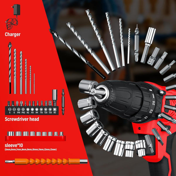 Cordless Drill Driver 21V, Electric Drill Kit with LI-ion Battery, Cordless Combi Screwdriver 25+1 Torque, 45N.m Max, 32pcs Accessory, 2 Variable Speed, LED Light for Home and Garden DIY Project 3/8