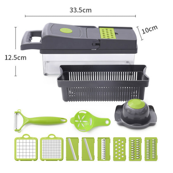 Multi-Purpose 14-in-1 Vegetable Chopper, Slicer, Dicer, and Grater, Kitchen Food Cutter for Onion, Tomato, Cucumber, Carrot, and More, Easy to Use and Clean, Gray