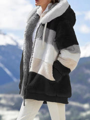 Women's 2025 Autumn Winter Warm Patchwork Hooded Coat - Zip Pockets Loose Fit Oversized Casual Outerwear