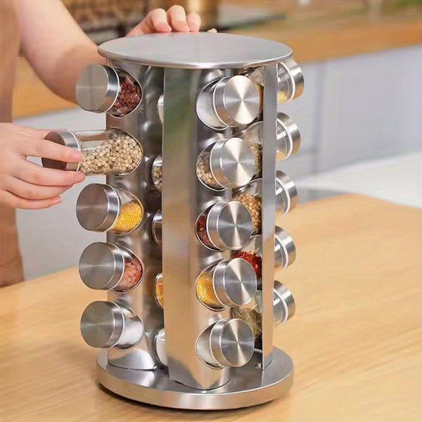 1Set Rotating Spice Rack with Glass Containers - 20pcs Refillable Spice Jars, Black Lids & Labels, Wall-Mounted Kitchen Organizer for Spices, Herbs, and Seasonings, Space-Saving Design for Countertop or Pantry, Spice Jars for Kitchen, Countertop Storage,