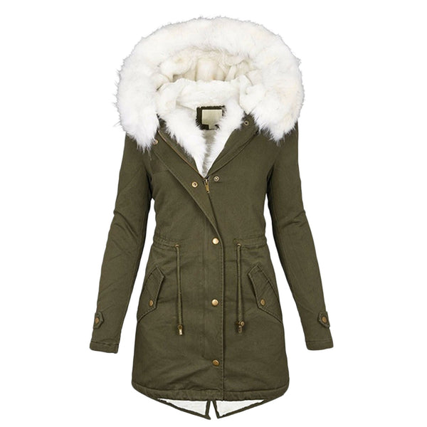 Women's European/American Style Winter Parka Jacket with Collar & Waist-Cinching  - Beige Coat, -Tone Zippers, Pockets - Machine Washable Cold Weather Outerwear (Casual to Formal)