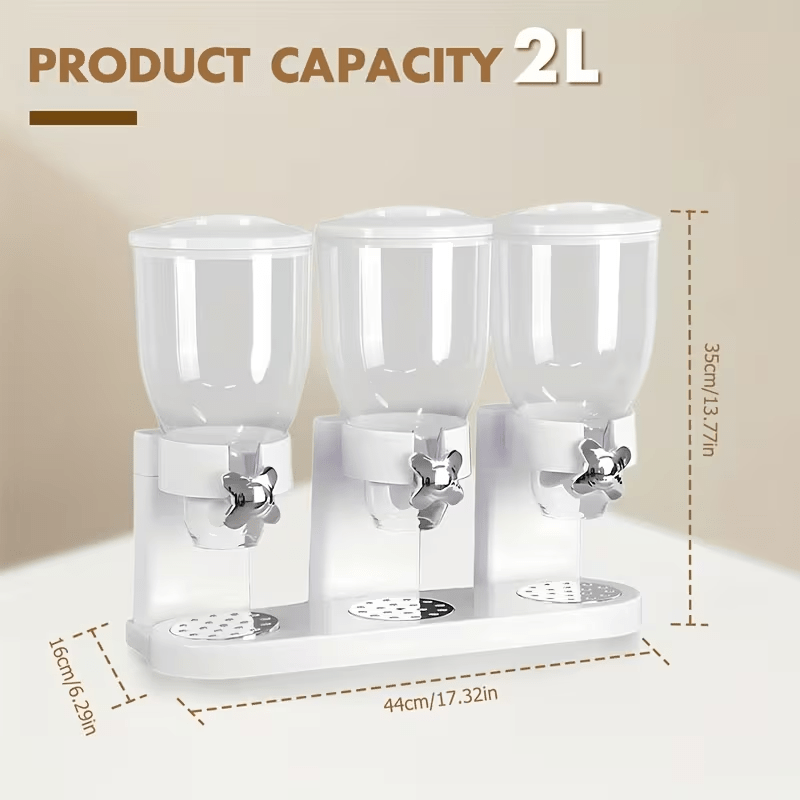 Triple Food Dispenser 3x 2L Cereal Container Countertop Dry Food Dispenser for Nuts Granola Cereal
