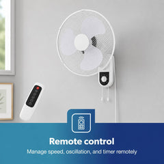 16 Inch Wall Fan Remote Control Oscillating 3 Speed 45W White