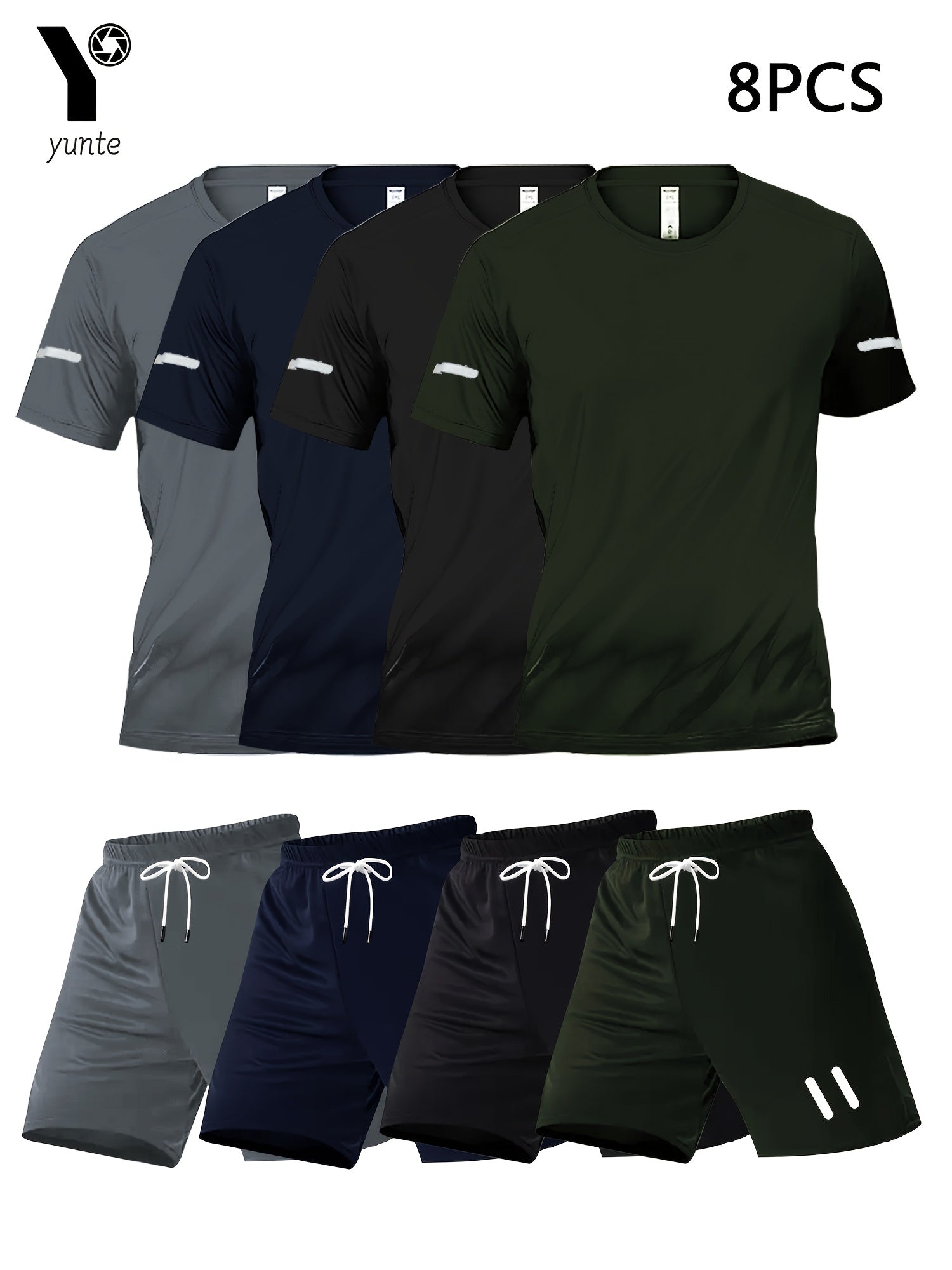8pcs Printed Design Men's Casual Sportswear Set, Quick-Dry Breathable Men's Short Sleeve Crew Neck T-Shirt and Elastic Waist Shorts with Pockets, Suitable for Spring, Summer, Autumn Sports Activities and Fitness Workouts