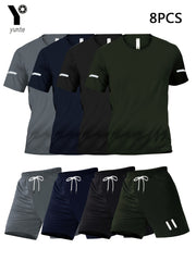 8pcs Printed Design Men's Casual Sportswear Set, Quick-Dry Breathable Men's Short Sleeve Crew Neck T-Shirt and Elastic Waist Shorts with Pockets, Suitable for Spring, Summer, Autumn Sports Activities and Fitness Workouts
