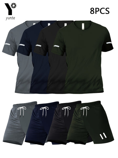 8pcs Printed Design Men's Casual Sportswear Set, Quick-Dry Breathable Men's Short Sleeve Crew Neck T-Shirt and Elastic Waist Shorts with Pockets, Suitable for Spring, Summer, Autumn Sports Activities and Fitness Workouts