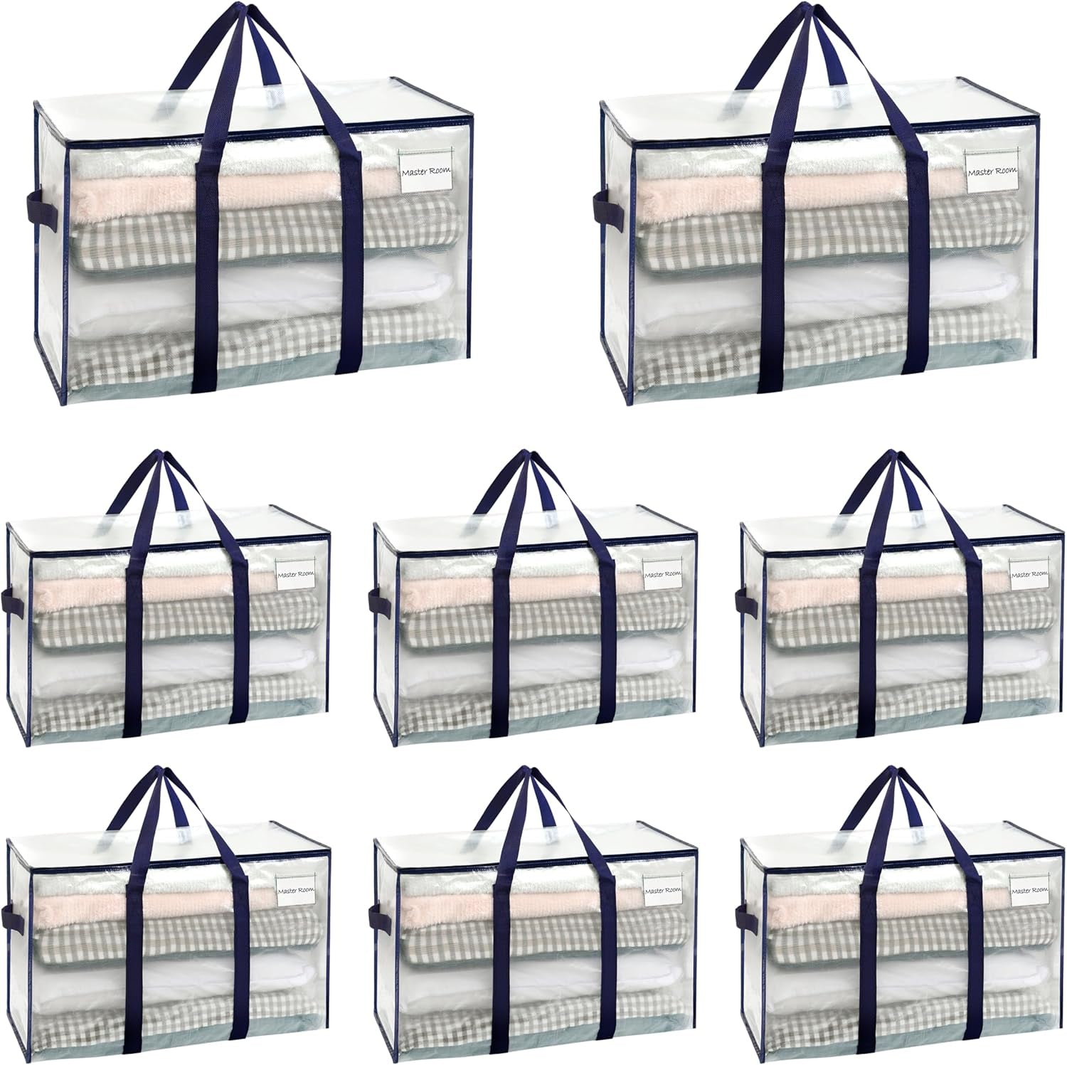 VENO 8 Pack Extra Large Moving Storage Bags with Zips, Heavy-Duty Organizer Tote, Moving Box Alternative, Packing Supply, Clothes Storage Bin, Tag Pocket for Label, Water-Resistant (Clear, 8 Pack)