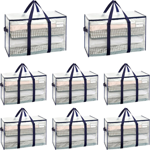 VENO 8 Pack Extra Large Moving Storage Bags with Zips, Heavy-Duty Organizer Tote, Moving Box Alternative, Packing Supply, Clothes Storage Bin, Tag Pocket for Label, Water-Resistant (Clear, 8 Pack)