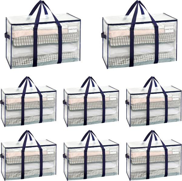 VENO 8 Pack Extra Large Moving Storage Bags with Zips, Heavy-Duty Organizer Tote, Moving Box Alternative, Packing Supply, Clothes Storage Bin, Tag Pocket for Label, Water-Resistant (Clear, 8 Pack)