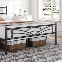 Sleek Black Metal Bed Frame Featuring a Stylish Headboard | Durable Steel Build | Silent Operation | Accommodates Various Mattress Sizes | Perfect for Bedrooms, Dormitories, Or Rental Spaces