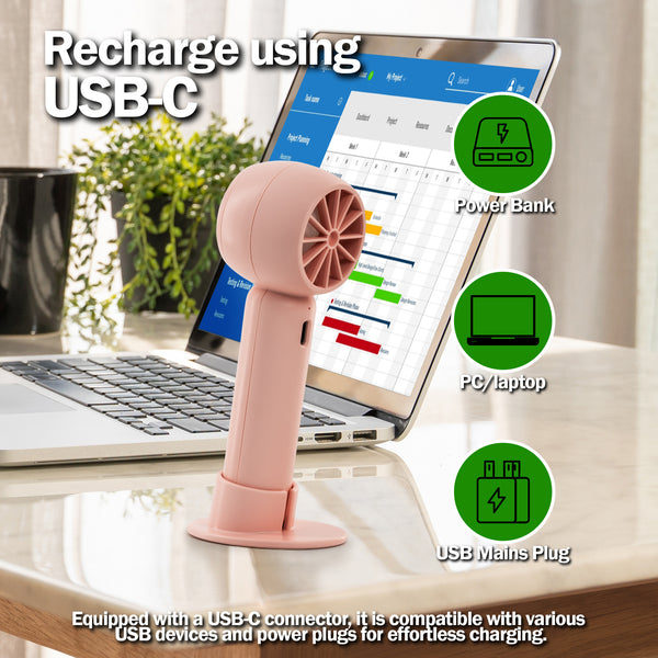 TANNESS 3 Speeds Handheld Fan - Rechargeable, Portable, Foldable With Detachable Base | USB Mini Hand Fan for Table, Desk - Quiet Standing Fan