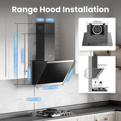 Midea COMFEE' 60cm Angled Cooker Hood Energy Class A++ - Tempered Glass Extractor Hood with Touch Screen, LED Lights, Recirculating & Ducting System, Wall-Mounted Black Kitchen Fan, A Must-Have for Every Home Kitchen