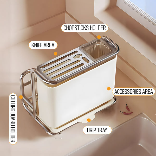 1pc Multifunctional Knife Rack with Draining Tray, Integrated Storage Rack for Cutlery, Countertop Kitchen Organizer for Knives, Chopsticks, Cutting Boards, Utensils, Chopping Boards, Pot Lids & More, Durable Space-Saving Kitchen Storage Holder, Heavy-Dut