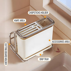 1pc Cream Kitchen Utensil Storage Rack with Drainage Tray, Multifunctional Cutlery Slots for Spoon, Knife, Fork, Shovel, Knives, Chopsticks, Chopping Boards, Pot Lids and More, Durable Structure, Compact Countertop Design, Versatile Kitchen Organizer, Des