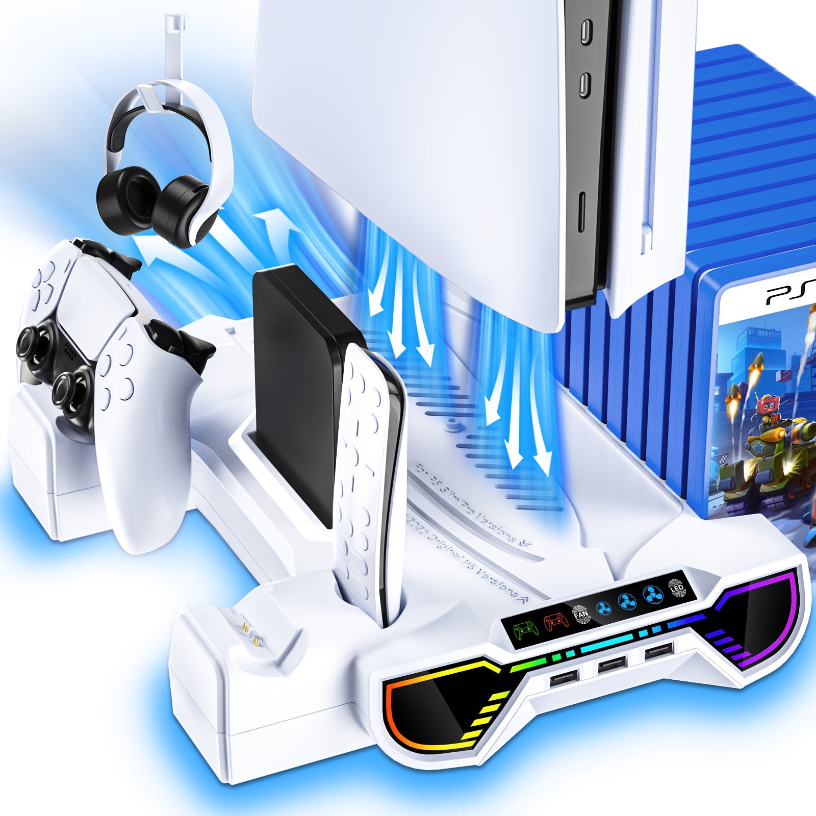 For Ps5/Slim/Pro Cooling Station And Controller Charging Station with RGB Stand for Playstation 5 Console - for PS5 Controller Charger, Cooling Stand Accessory Kit-Cooler Fan/Headset Holder/3 USB Hub, White