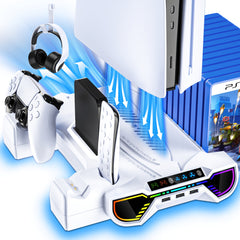 For Ps5/Slim/Pro Cooling Station And Controller Charging Station with RGB Stand for Playstation 5 Console - for PS5 Controller Charger, Cooling Stand Accessory Kit-Cooler Fan/Headset Holder/3 USB Hub, White