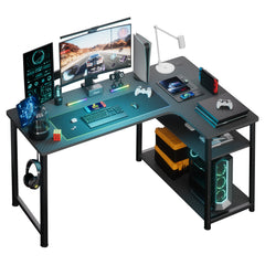 L Shaped Gaming Desk with Power Outlets Corner Computer Desk 110x80CM with Shelves Headphone Hook PC Table Workstation for Home Office Bedroom