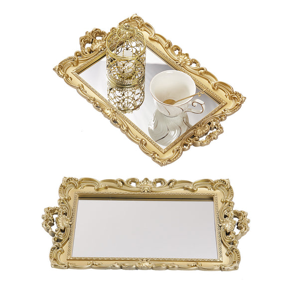 Luxury and Retro Style Bathroom Mirror Tray, Decorative Tray for Bathroom, Plastic Tray for Bathroom Countertop, Cosmetic and Jewelry Storage Tray, Golden Square Tray
