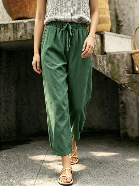 Women's Drawstring Waist Linen-Look Pants, Loose Casual Cropped Trousers with Pockets, Lightweight Summer Pants